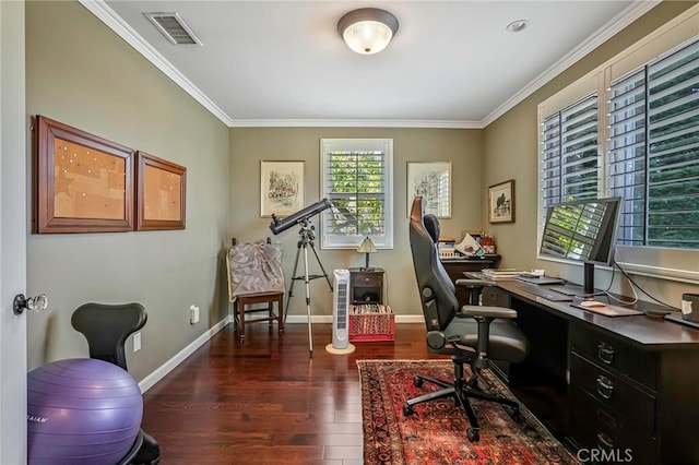 office space featuring dark wood-type flooring and ornamental molding