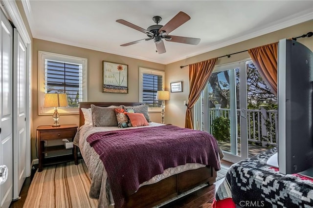 bedroom with crown molding, ceiling fan, wood-type flooring, and access to outside