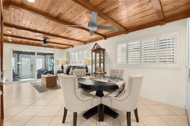 dining space with ceiling fan, light tile patterned flooring, wood ceiling, baseboards, and beamed ceiling