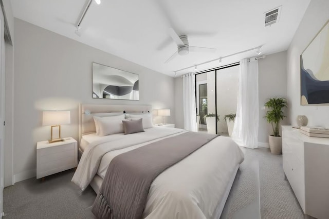 bedroom featuring ceiling fan, access to exterior, carpet, and track lighting