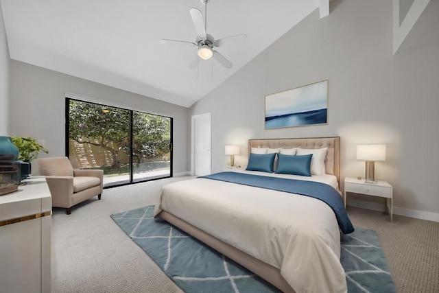 bedroom featuring ceiling fan, access to exterior, high vaulted ceiling, and carpet floors