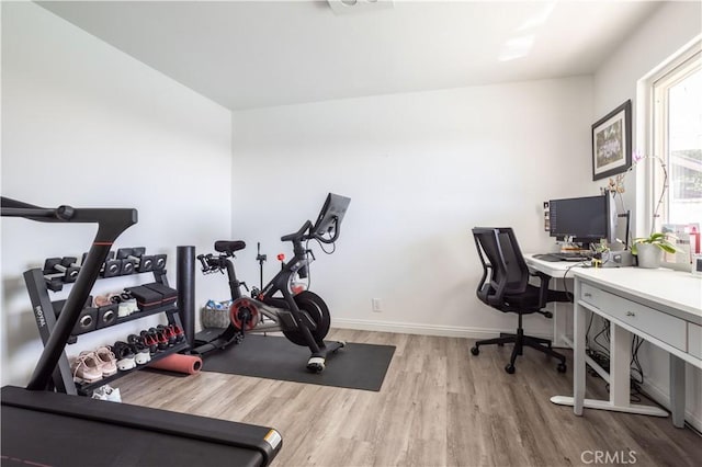 exercise area with light hardwood / wood-style floors