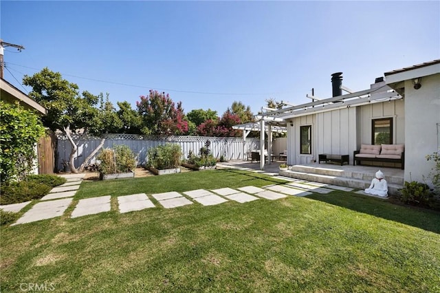 view of yard with a pergola and a patio