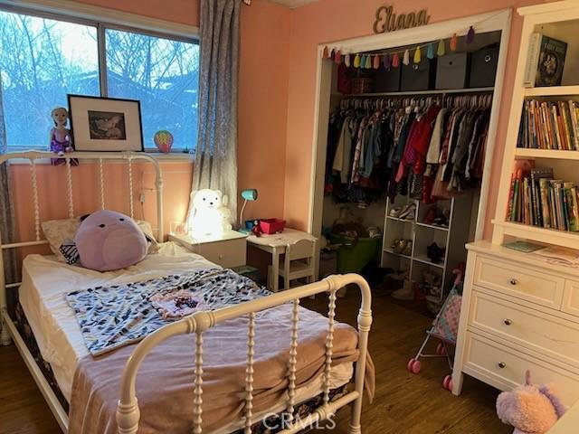 bedroom featuring dark wood-type flooring and a closet