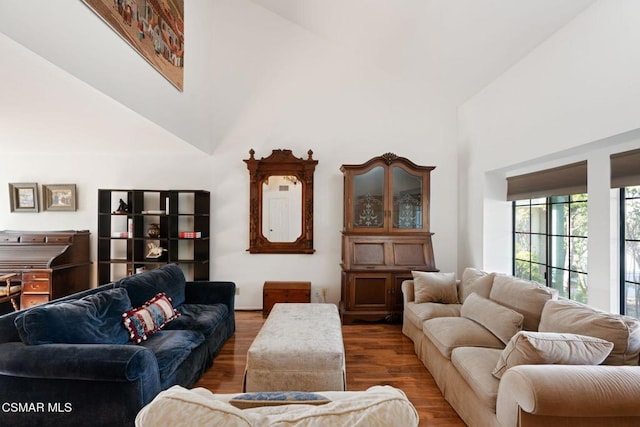 living room featuring hardwood / wood-style flooring and high vaulted ceiling