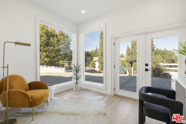 entryway with french doors and light hardwood / wood-style flooring