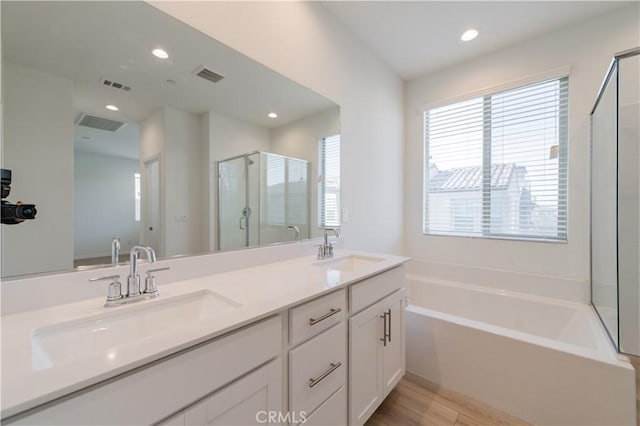 bathroom with separate shower and tub and vanity