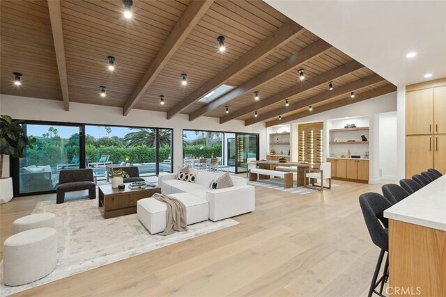 living room featuring lofted ceiling with beams, wood ceiling, and light wood-type flooring