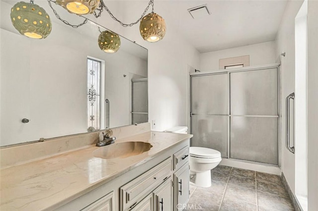 full bath featuring toilet, visible vents, a shower stall, and vanity