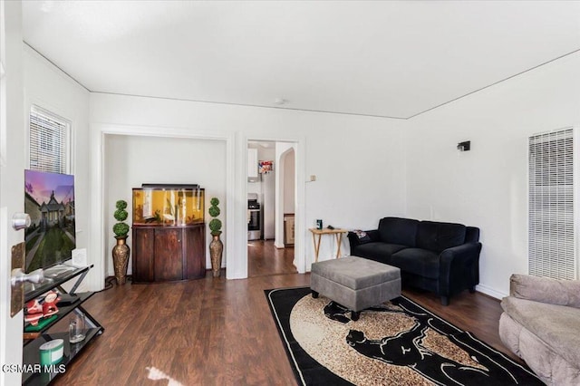 living room featuring dark wood-type flooring