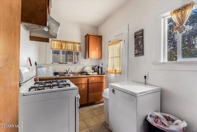 kitchen with plenty of natural light, fridge, white gas stove, and sink