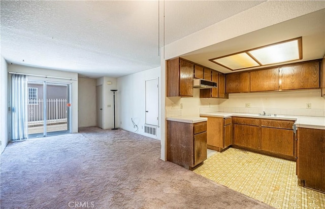 kitchen with a textured ceiling and light carpet