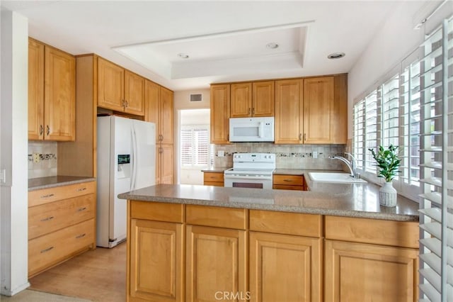 kitchen with sink, white appliances, a tray ceiling, and a wealth of natural light