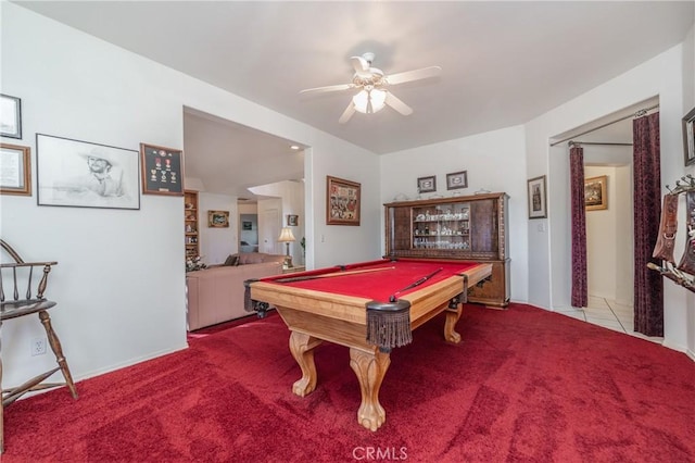 playroom featuring light carpet, ceiling fan, and pool table