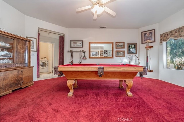 game room with washer / dryer, ceiling fan, light carpet, and billiards