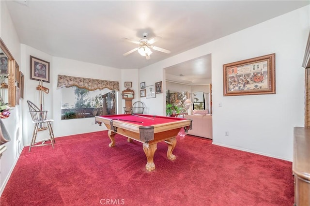 game room featuring ceiling fan, carpet floors, and billiards