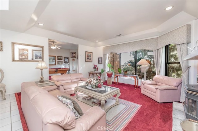 living room with ceiling fan, plenty of natural light, pool table, and tile patterned flooring