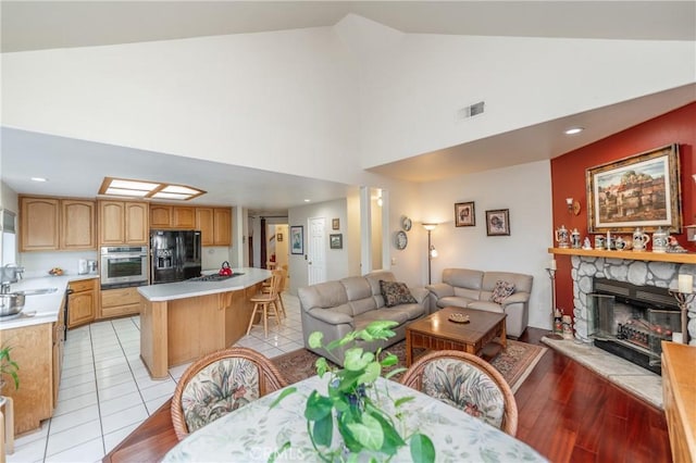 interior space featuring high vaulted ceiling, sink, and a fireplace