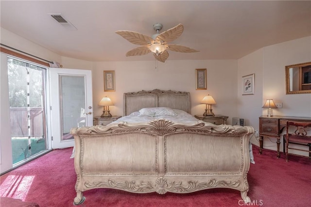 bedroom with ceiling fan, access to exterior, and carpet floors