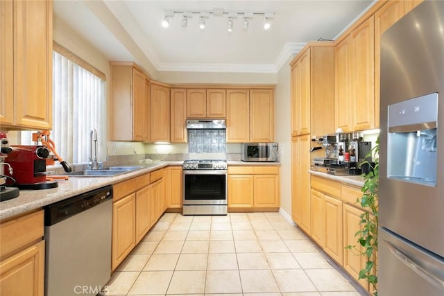 kitchen featuring light brown cabinets, stainless steel appliances, sink, ornamental molding, and light tile patterned floors