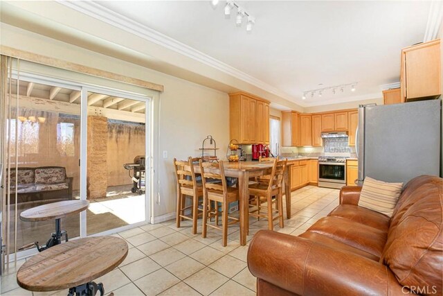 kitchen featuring backsplash, appliances with stainless steel finishes, light tile patterned floors, light brown cabinetry, and rail lighting