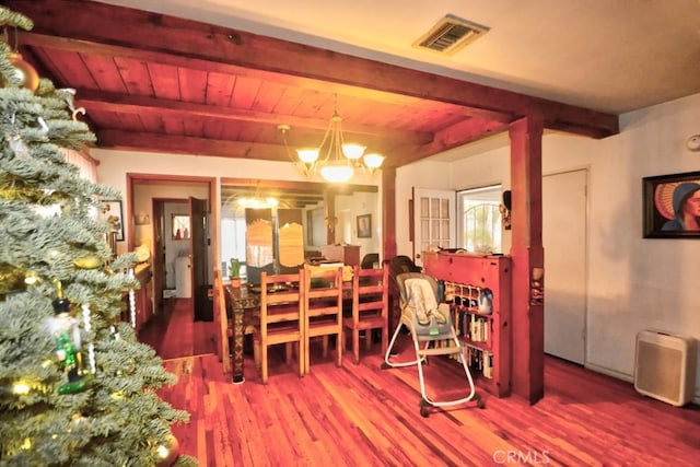 dining space with beam ceiling, wooden ceiling, a notable chandelier, and hardwood / wood-style floors