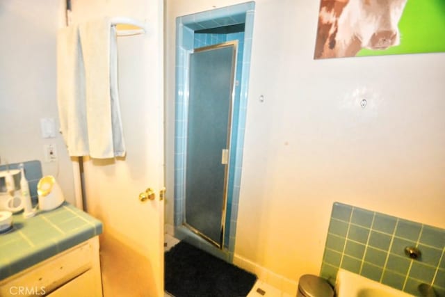 bathroom with a shower with door and vanity