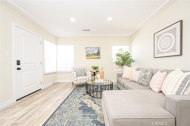 living room featuring plenty of natural light and light hardwood / wood-style flooring