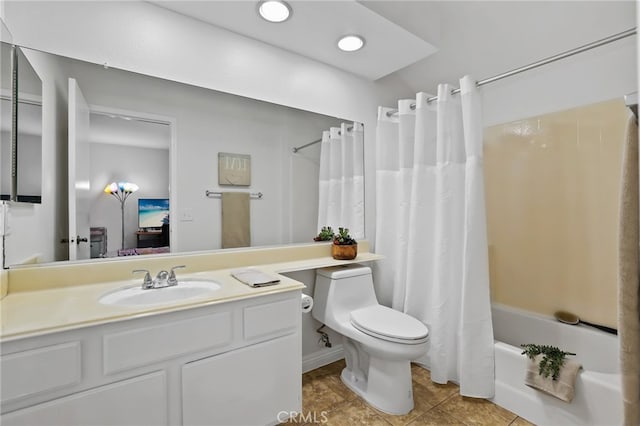 full bathroom with toilet, shower / tub combo, tile patterned flooring, and vanity