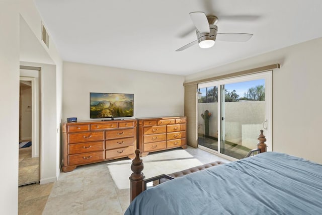 bedroom with ceiling fan and access to exterior