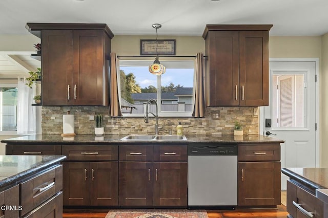 kitchen featuring a sink, dark stone counters, decorative backsplash, and stainless steel dishwasher