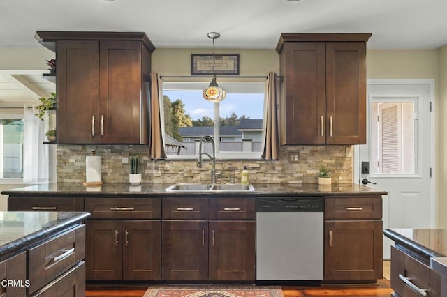 kitchen featuring decorative backsplash, dishwasher, a sink, and a healthy amount of sunlight