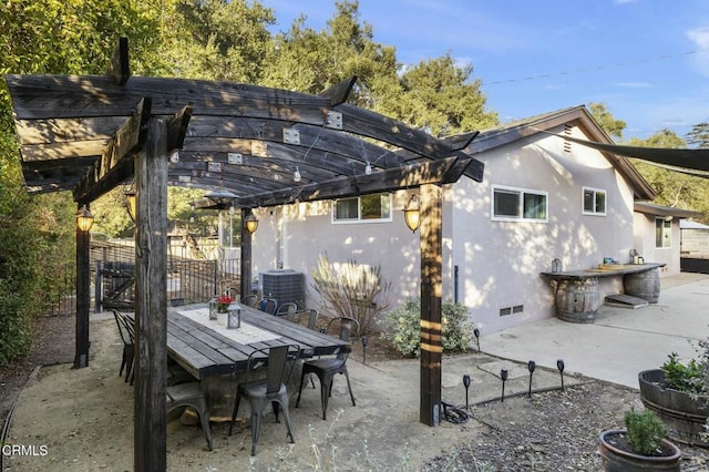 view of patio featuring a pergola, central air condition unit, and outdoor dining area