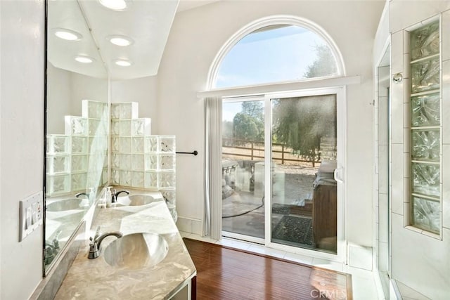 bathroom featuring hardwood / wood-style floors, vanity, and vaulted ceiling