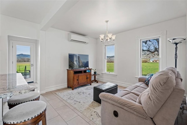 living room featuring light tile patterned flooring, beam ceiling, a chandelier, and a wall mounted air conditioner