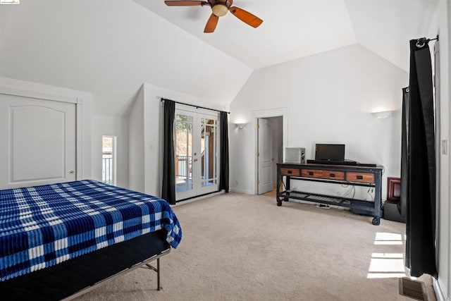 bedroom with ceiling fan, access to outside, vaulted ceiling, and light carpet