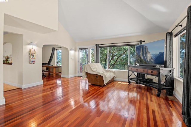 interior space featuring hardwood / wood-style floors and lofted ceiling