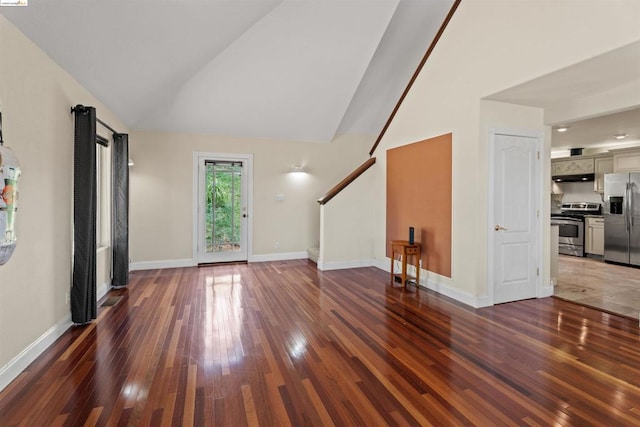 entrance foyer with lofted ceiling and dark wood-type flooring