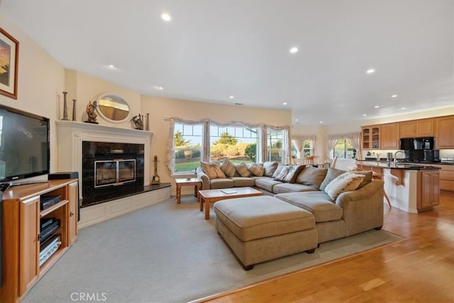 living room featuring a high end fireplace and light hardwood / wood-style flooring