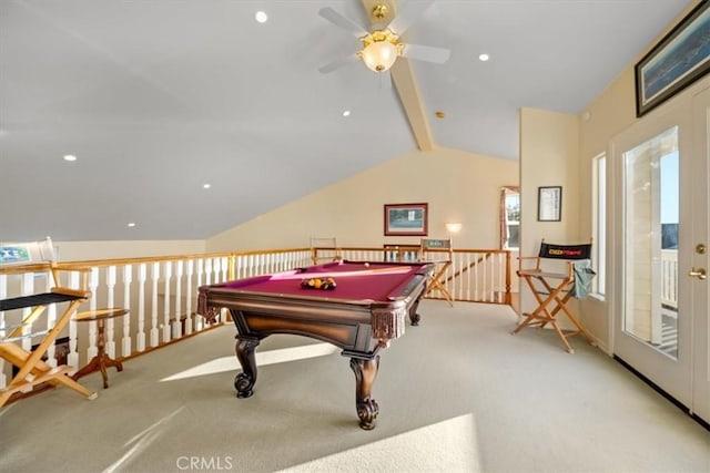 playroom with french doors, pool table, lofted ceiling with beams, ceiling fan, and light colored carpet