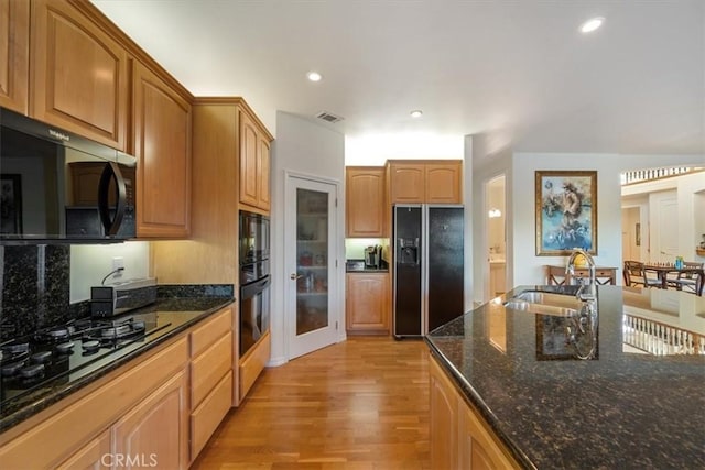 kitchen featuring light wood-type flooring, sink, dark stone counters, and black appliances