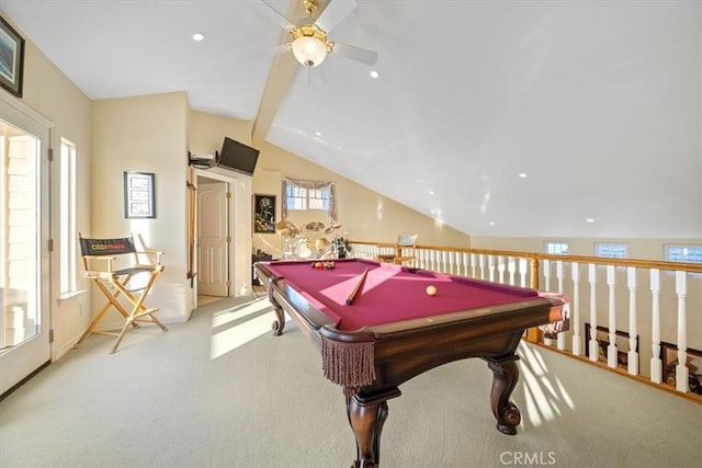 playroom with pool table, vaulted ceiling, and light colored carpet