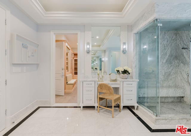 bathroom featuring tile patterned floors, a tray ceiling, a shower with door, and ornamental molding