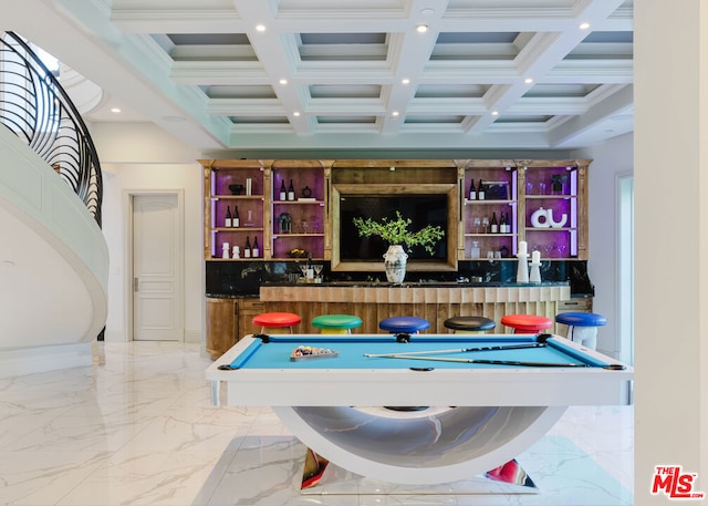 game room with indoor bar, beamed ceiling, coffered ceiling, ornamental molding, and pool table