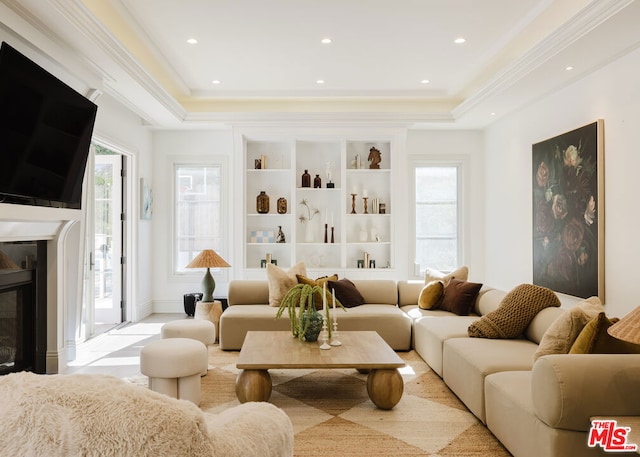 living room with a tray ceiling