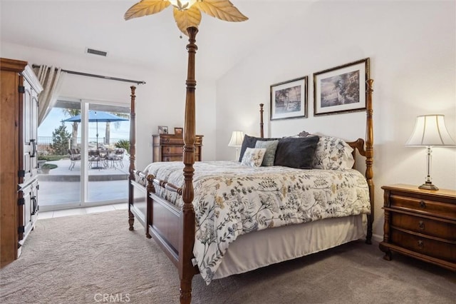 bedroom with ceiling fan, lofted ceiling, carpet floors, and access to outside