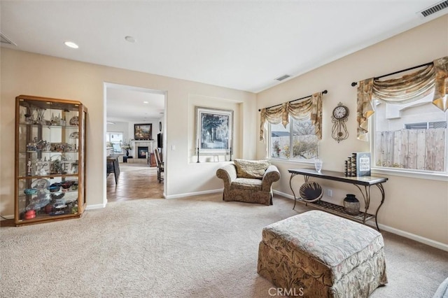 sitting room with carpet and a healthy amount of sunlight