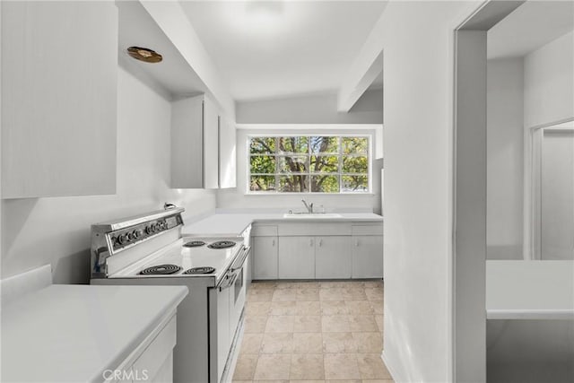 kitchen with range with two ovens, lofted ceiling, and sink