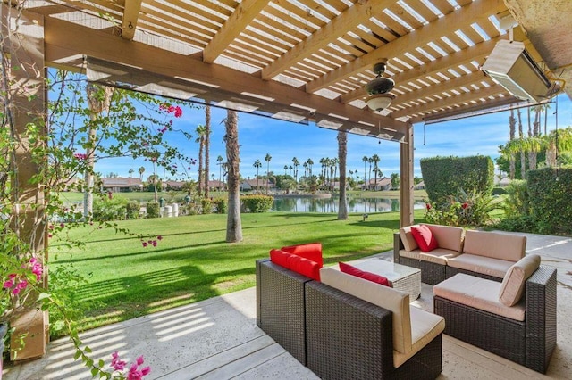 view of patio / terrace featuring an outdoor hangout area, a pergola, and a water view