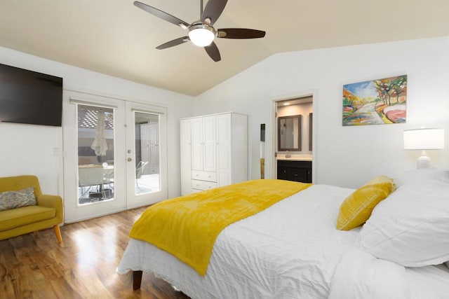 bedroom with ceiling fan, access to exterior, hardwood / wood-style floors, vaulted ceiling, and french doors